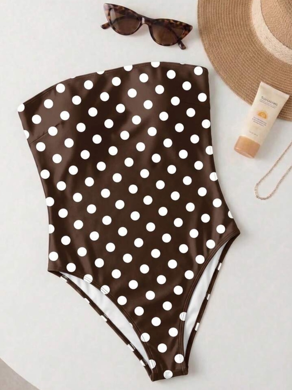 SHEIN Brown and White Polka Dot One-Shoulder Swimsuit